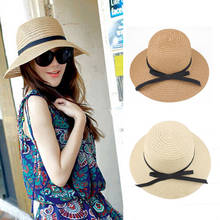 Chapéu de palha dobrável com laço, chapéu de sol feminino moda de viagem para verão 2020 2024 - compre barato