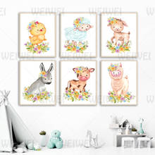 Pintura de dibujos animados de flores, animales pequeños, decoración del hogar, pollo, oveja, vaca, Alpaca, póster de lona para pared de sala de estar, ciervo, cerdo, impresión 2024 - compra barato