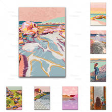 Impresión de ilustración de océano Rosa rubor-póster de playa Retro, paisaje abstracto, decoración costera, arte de pared bohemio, obra de arte imprimible 2024 - compra barato