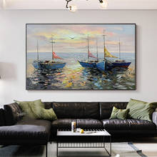 Pintura al óleo sobre lienzo pintada a mano para barcos de vela, pinturas de paisaje de amanecer, ilustraciones para decoración de pared de sala de estar, sin marco 2024 - compra barato