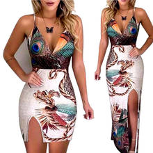 Sexy Women Deep V Neck Dresses Summer Print Bodycon Bandage Backless Casual Sleeveless Party Beach Dress 2024 - buy cheap