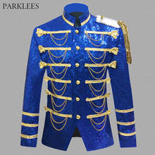 Blazer de lentejuelas brillantes para hombre, traje militar con cadena brillante, esmoquin, chaqueta para discoteca, espectáculo de escenario, Cosplay, Masculino 2024 - compra barato