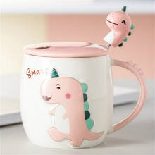 Taza de cerámica con dibujos de dinosaurios para mujer, tazón con tapa, cuchara, leche, desayuno, oficina, 350ML 2024 - compra barato