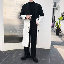 Streetwear Belt Windbreaker Outerwear Overcoat Jacket Black Splice White Loose Casual Long Trench Coat Men Erkek Palto 2024 - buy cheap