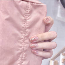 Summer pinklish orange pure color with gold foil decorated fake nails Japanese short lady full nail tips cute false nails 2024 - buy cheap