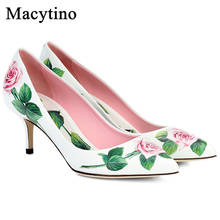 Sapatos de salto alto bico fino com estampa floral, sapatos de couro femininos 2024 - compre barato
