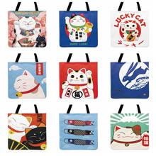 Bolso de hombro de estilo japonés para mujer, bolsa de mano con estampado de gato, de lino Febric, informal, de compras, reutilizable, para playa 2024 - compra barato