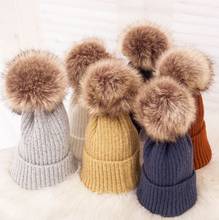 Kid Child Solid Casual Wool Knitted Beanies Cap Faux Fur Pom pom Skullies Women Girl Winter Hat Gorros 2024 - buy cheap