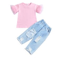 2Pcs Personalized Little Girls Outfit, Leisure Style Solid Color Mesh Splicing Short Sleeve Top + Ripped Long Denim Trousers Set 2024 - buy cheap