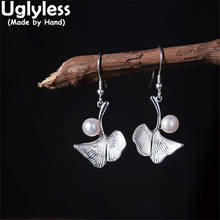 Uglyless Handmade Ginkgo Leaf Earrings for Women Elegant Pearls Earrings 925 Silver Nature Gemstones Brincos Glossy Silver Jewel 2024 - buy cheap