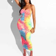 NORMOV Women Dress Sexy Tie Dye Sleeveless Strapless Pleated Slim Long Dress Colorful Printing Bodycon Club Dress Feminina 2024 - buy cheap