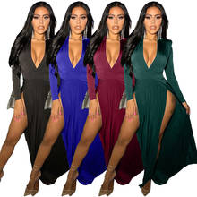 Echoine 2020 Woman Side High Split Elegant Long Party Dresses Deep V Neck Long Sleeve Bandage Sexy Club Party Dress Vestido 2024 - buy cheap
