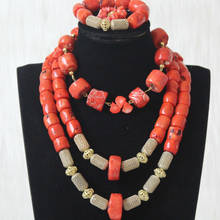 Dudo conjunto de joias de noiva estilo africano, gargantilha com três camadas de 13-25mm, miçangas cor laranja e coral, colar nigeriano para casamento, joias finas estilo dubai 2024 - compre barato