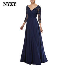 M371 NYZY элегантное шифоновое кружевное темно-синее платье с бисером для матери невесты 2021 платье с рукавом 3/4 для свадебной вечеринки вечернее платье 2024 - купить недорого