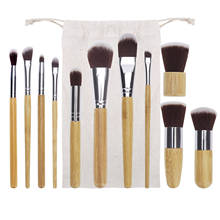 Conjunto de pincéis de maquiagem de bambu com 11 peças, inclui saco de roupas, pó, blush, sobrancelha, blush, maquiagem 2024 - compre barato