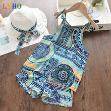 Ropa de verano para niñas, Top con tirantes, pantalones y sombreros, traje de 3 piezas, sin mangas, estampado bohemio, informal, azul, coreano, Rural, 2021 2024 - compra barato