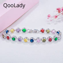 Qoolady pulseira colorida brilhante arco-íris redonda zircônia cúbica cristal tênis bracelete para mulheres joias de festa feminina s010 2024 - compre barato