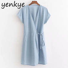 Summer Dress Women Light Blue Denim Dress Lady Cross V Neck Short Sleeve A-line Mini Wrap Casual Dress  XDWM2769 2024 - buy cheap
