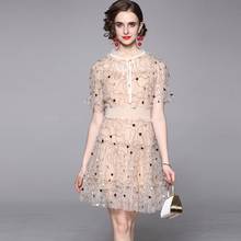 Женское Сетчатое платье, с вышивкой и блестками, с эластичной талией, с пышными рукавами 2024 - купить недорого