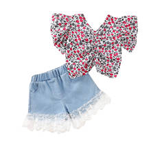 New 2 Pieces Kids Suit Set, Flower Print V-Neck Short Sleeve Tops+ Lace Trim Denim Shorts for Girls, 1-6 Years 2024 - buy cheap