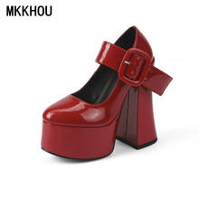 MKKHOU-zapatos de tacón grueso de piel auténtica para mujer, calzado de tacón alto con plataforma, color rojo, talla grande, Size35-42 2024 - compra barato