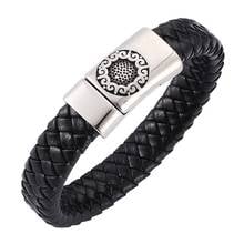 Fashion Jewelry Flower Pattern Stainless Steel Magnet Buckle Men Braided Leather Bracelet Male Wrist Band Bangles Gifts 2024 - buy cheap