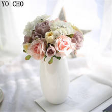 Yo cho 1 buquê misturado artificial rosa hortênsia flor de seda falso casamento festa de flores casa vaso de mesa decorativo falso floricultura 2024 - compre barato