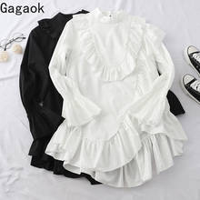 Gagaok Women Office Lady Dress Spring Autumn New Solid Ruffles Flare Sleeve Stand Loose Sweet Chic Wild Female Fashion Dresses 2024 - buy cheap
