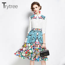 Trytree 2020 Summer Casual two piece Women Sets Turn-down Collar Shirt + A-line Skirt Zip Office Lady Printed Suit 2 Piece Set 2024 - buy cheap