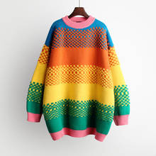 H.SA pull femme nouveaute 2020 Women Warm Rainbow Sweater and Pullovers Coloful Striped Knitwear Long Oversized Pull Sweaters 2024 - buy cheap