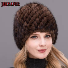 Chapéu de inverno feminino feito de lã de vison real malha listrado chapéu casual feito de vison cabelo natural russo chapéu de pele de vison 2024 - compre barato