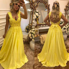 Yellow A Line Evening Dresses Straps Satin Beaded Pearls Pleats Floor Length Formal Dress Evening Gowns Wear robes de soirée 2024 - buy cheap