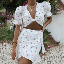 Foridol vestido de praia de verão com estampa de cereja feminino branco duas peças conjunto de vestido curto de algodão de férias com manga bufante 2021 2024 - compre barato