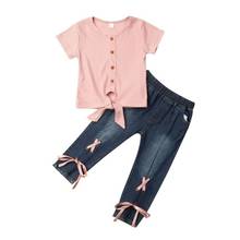 Toddler Kid Baby Girl Clothes Short Sleeve Button TShirt Top +Denim Pants Jeans Leggings Summer 2PCS Outfit Set 2024 - buy cheap