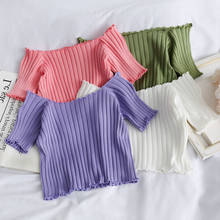 Summer Sexy Women T-shirt Off Shoulder Knit Crop Tops Solid Slim Short Sleeve Tee 2024 - buy cheap