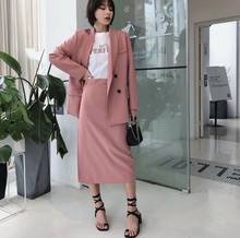 Two 2020 Autumn Pink Piece Women Solid Double Breasted Blazer And Zipper Midi Set Office Lady Skirt Suits 2024 - buy cheap