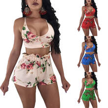 Two Piece Set Women Strap Sleeveless Crop Top High Waist Floral Print Shorts 2 Piece Set Sexy Slim Outfits Beach Wear Summer2021 2024 - buy cheap