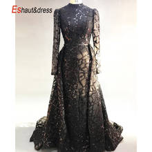 Luxo dubai preto/borgonha lantejoulas sereia vestido de noite 2020 mangas compridas alto pescoço destacável cape prom vestidos festa 2024 - compre barato