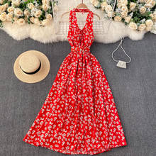 2021 Women Summer Bohemian Long Dress Sexy V-neck Backless Ruffle Floral Print Dress Elegant Sleeveless Beach Vestidos 2024 - buy cheap