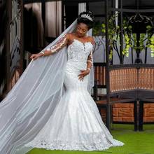 Arabic Dubai African Mermaid Long Sleeves Lace Appliques Beaded Bridal Gown Nude Tulle Sweep Train White Wedding Dresses 2024 - buy cheap