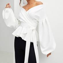 White Office Lady Elegant Lantern Sleeve Surplice Peplum Off the Shoulder Solid Blouse Autumn Sexy Women Tops And Blouses Mujer 2024 - compre barato