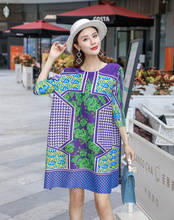 Plus Size Dress Women Autumn 2019 New Elastic Loose Miyake Pleated Round Neck Three Quarter Sleeves Printed Dress Knee Length 2024 - buy cheap