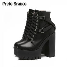 Botas preto branco com plataforma, outono e inverno, salto grosso, ponto cruz, tornozelo com cadarço, para mulheres, da moda, preto, jxq, 2020 2024 - compre barato