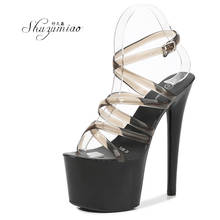 Shuréao 2020 sapatos femininos super altos sexy, sandálias com salto alto modelo t station 17cm para palco, sandálias com plataforma sexy e faixa estreita 2024 - compre barato