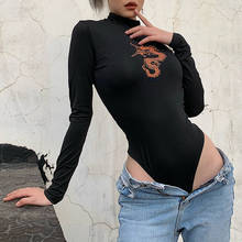 Body feminino manga longa com estampa de dragão, peça body sexy preto body colado primavera outono gola redonda 2024 - compre barato
