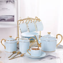 Золотой синий костяной китайский кофейный набор, роскошный фарфоровый благородный чайный набор, Современная чашка для горшка, керамическая кружка, сахарная чаша, сливки, чайный горшок, кофейная посуда 2024 - купить недорого