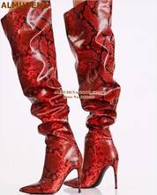 ALMUDENA Snakeskin Pleated Over-the-knee Boots Stiletto Heels Slouch Python Printed Thigh Boots Pointed Toe Gladiator Long Boots 2024 - buy cheap
