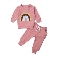 UK Autumn Kids Baby Girl Clothes Rainbow Tops+Ruffle Pants Leggings Outfits Set 2024 - buy cheap