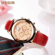 Megir relógio de pulso feminino luxuoso, de quartzo com cronógrafo, para mulheres, vermelho com pulseira de couro genuíno à prova d'água 2042 2024 - compre barato