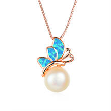 Female Blue White Opal Pendant Necklace Charm Butterfly Rose Gold Pearl Necklaces For Women Dainty Animal Wedding Necklace 2024 - buy cheap